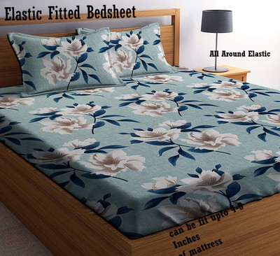 Amrange 210 TC Cotton King 3D Printed Fitted (Elastic) Bedsheet(Pack of 1, Multicolor)