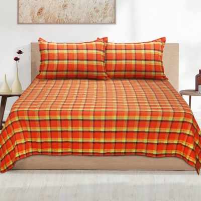 AIRWILL 220 TC Cotton Double Checkered Flat Bedsheet(Pack of 1, Orange, Green)