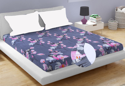 AAZEEM 110 TC Microfiber Double 3D Printed Fitted (Elastic) Bedsheet(Pack of 1, Grey)