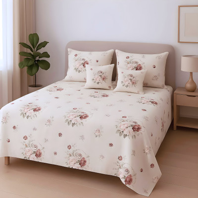 Flipkart SmartBuy 144 TC Microfiber Double Printed Flat Bedsheet(Pack of 5, Cream Red Rose 1 Bedsheet + 2 Pillow Cover + 2 Filled Cushion)