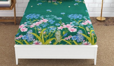 kitchDeco 180 TC Polycotton Single 3D Printed Fitted (Elastic) Bedsheet(Pack of 1, Green Flower)