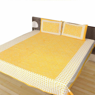 E ELMA Cotton Double Flat 151 TC Jaipuri Prints Bedsheet(Pack of 1, Yellow)