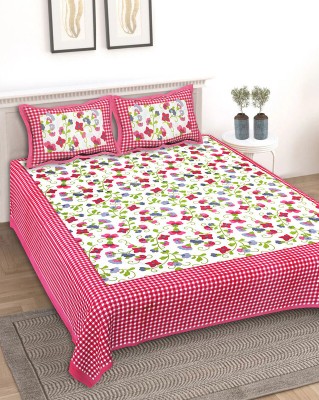 NAMA GO 144 TC Cotton Double Jaipuri Prints Flat Bedsheet(Pack of 1, Baby Pink White)