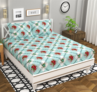 BSB HOME 160 TC Microfiber Double Printed Flat Bedsheet(Pack of 1, Aqua & Red)