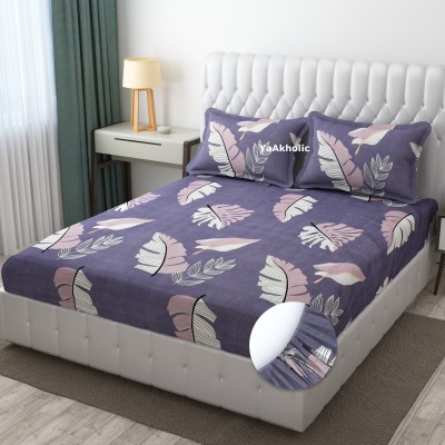 YaAkholic 220 TC Microfiber Queen Floral Fitted (Elastic) Bedsheet(Pack of 1, Purple, Cream)