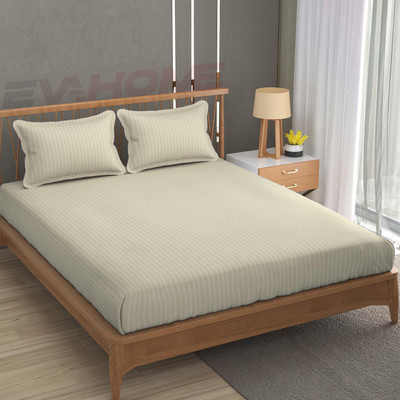 EVAHOME 300 TC Cotton Double Striped Flat Bedsheet(Pack of 1, Camel)