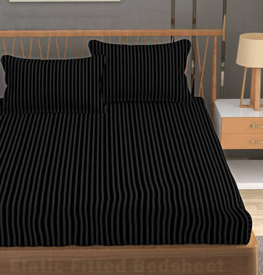 REDROME Cotton Double Fitted (Elastic) 300 TC Striped Bedsheet(Pack of 1, Black)