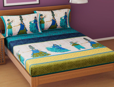 PALANG SHOBHA Cotton King Flat 144 TC Jaipuri Prints Bedsheet(Pack of 1, White)