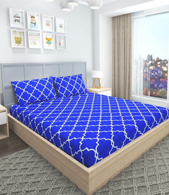 RisingStar 350 TC Cotton Double Abstract Fitted (Elastic) Bedsheet(Pack of 1, Fitted-Temple Blue)