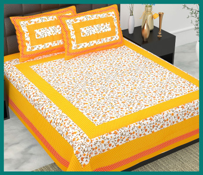 BedZone Cotton Double Flat 240 TC Jaipuri Prints Bedsheet(Pack of 1, Yellow)
