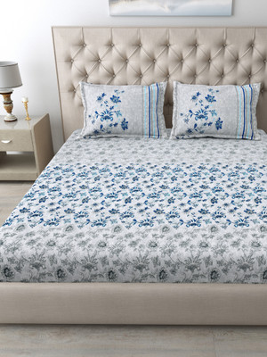 Mafatlal Cotton King Flat 186 TC Floral Bedsheet(Pack of 1, Dark Blue & Grey)