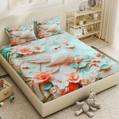 Story@home Microfiber Double Flat 300 TC Printed Bedsheet(Pack of 1, Light Green & White)