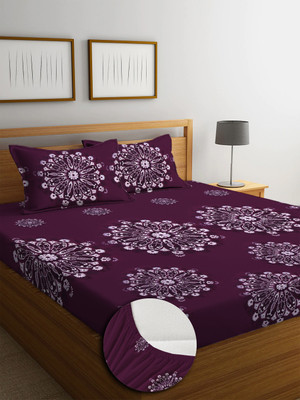 KURRY HOME FURNISHING Microfiber Double Fitted (Elastic) 250 TC Floral Bedsheet(Pack of 1, Maroon)