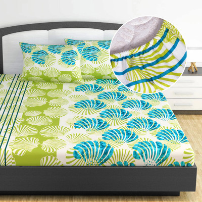 Divine Casa 144 TC Cotton King Abstract Fitted (Elastic) Bedsheet(Pack of 1, Green Onion)