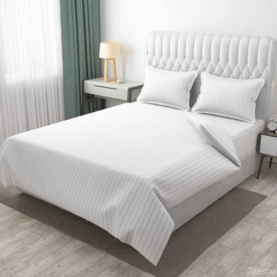 rivek Cotton King Flat 300 TC Striped Bedsheet(Pack of 1, White)