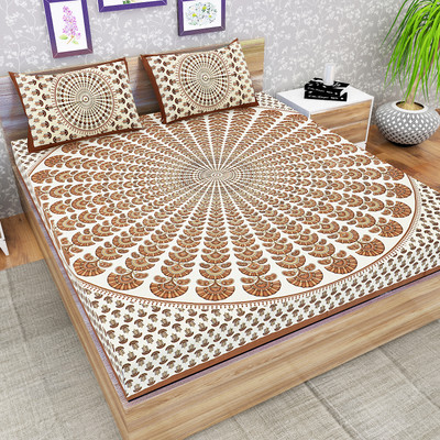 RIYA FABRICS 104 TC Cotton King Printed Fitted & Flat Bedsheet(Pack of 1, Brown)