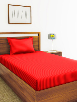 Houseofowlet Cotton Single Flat 210 TC Striped Bedsheet(Pack of 1, Red)