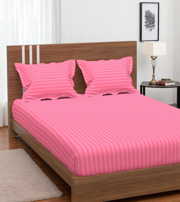 ROOMSTYLE Cotton Double Fitted (Elastic) 230 TC Striped Bedsheet(Pack of 1, Pink)