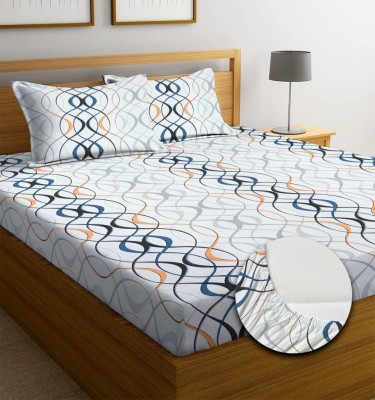 Fashancy 300 TC Cotton Queen Geometric Fitted (Elastic) Bedsheet(Pack of 1, White Jalebi)