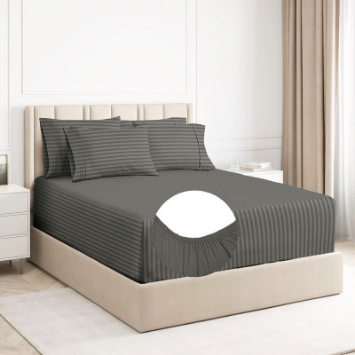 VAS COLLECTIONS 220 TC Cotton Double Striped Fitted (Elastic) Bedsheet(Pack of 1, Dark Grey)