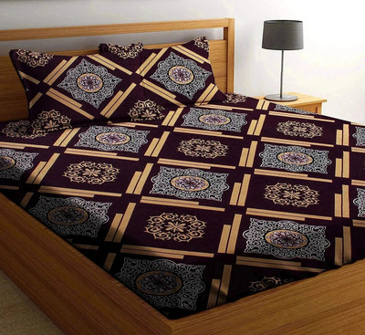 EVERLUSH Cotton King Fitted (Elastic) 300 TC Printed Bedsheet(Pack of 1, Brown Damask)