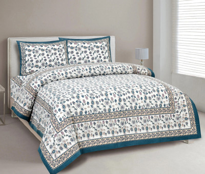 CLOTHOLOGY Cotton King Flat 240 TC Jaipuri Prints Bedsheet(Pack of 1, Cream, Teal green, Rubine)