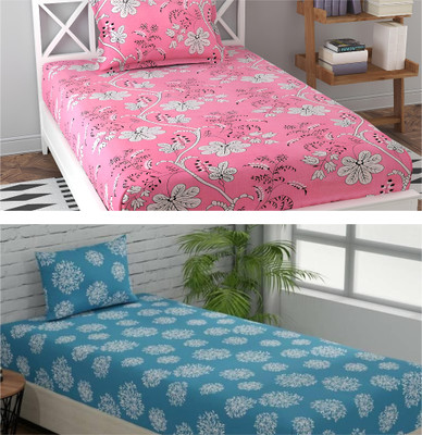 TYLORSTYLE 160 TC Polycotton Single Printed Flat Bedsheet(Pack of 2, PINK & BLUE)