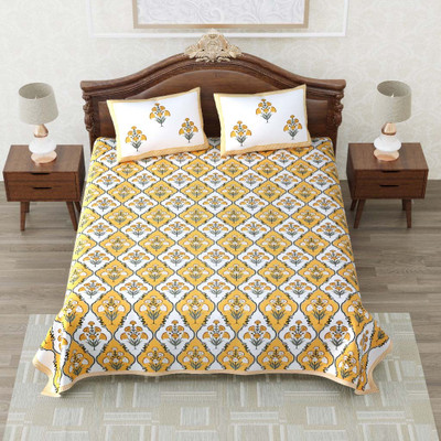 SPSON'S HANDLOOM Cotton Super King Flat 220 TC Floral Bedsheet(Pack of 1, Yellow)