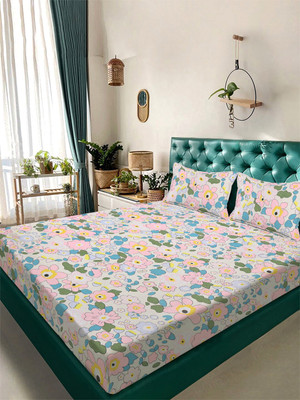 Klotthe Cotton Blend King Fitted (Elastic) 300 TC Printed Bedsheet(Pack of 1, Peach)