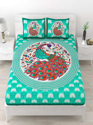 UNIQCHOICE 120 TC Cotton Double Jaipuri Prints Flat Bedsheet(Pack of 1, Turquoise)
