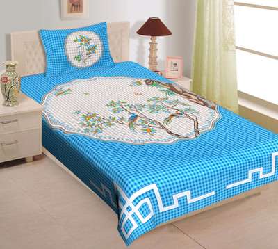 Home@shop Cotton Single Flat 104 TC Printed Bedsheet(Pack of 1, Blue)