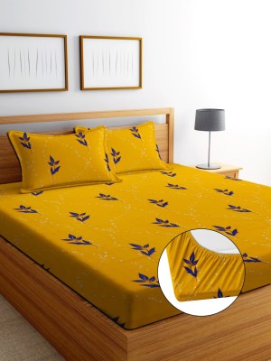 VORDVIGO 300 TC Cotton Queen Floral Fitted (Elastic) Bedsheet(Pack of 1, YellowPatti)