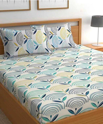 Hometribe Cotton, Microfiber Double, King, Queen Fitted (Elastic) 350 TC Floral Bedsheet(Pack of 1, White Leaf)