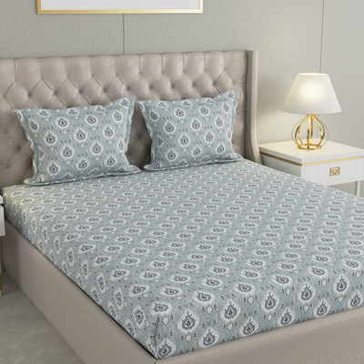 Raymond Home Cotton Double Flat 104 TC Floral Bedsheet(Pack of 1, Fiesta Blue)