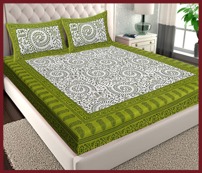 JAIPUR PRINTS Cotton Double Flat 144 TC Jaipuri Prints Bedsheet(Pack of 1, Green)
