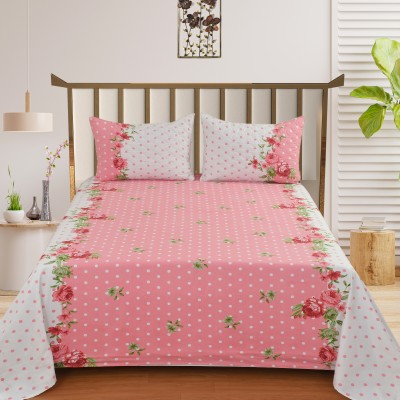 suburbdecor 400 TC Cotton King Floral Flat Bedsheet(Pack of 1, Pink, White)
