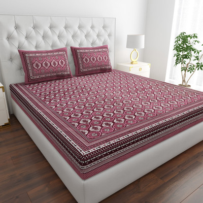 COZYKO Cotton King Flat 200 TC Jaipuri Prints Bedsheet(Pack of 1, Purple White Boota)