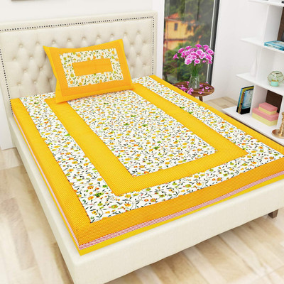 Rajasthani Traditional Cotton Single Flat 300 TC Striped Bedsheet(Pack of 1, Yellow)
