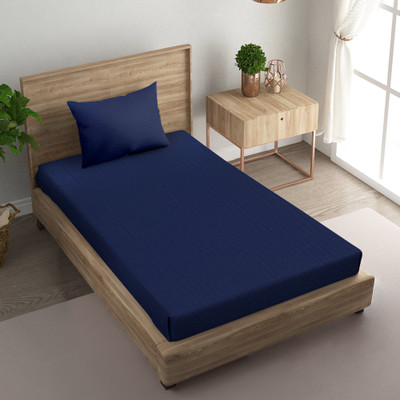 NAKSH Satin Single Flat 210 TC Striped Bedsheet(Pack of 1, Navy Blue)