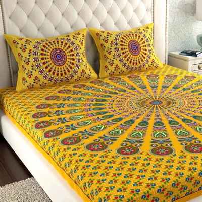 BharatLinen Cotton Double Flat 144 TC Jaipuri Prints Bedsheet(Pack of 1, Yellow)