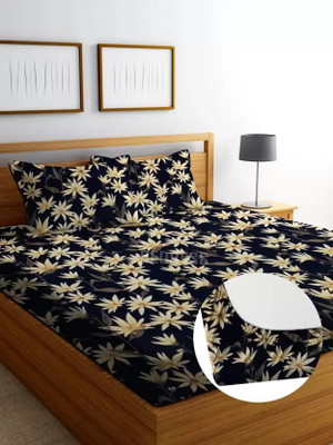 Bedress Cotton King Fitted (Elastic) 300 TC Striped Bedsheet(Pack of 1, FITTED-BLACK, GOLDEN LEAF)