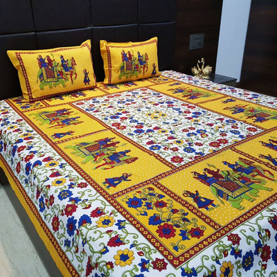 E ELMA Cotton Double Flat 144 TC Animal Bedsheet(Pack of 1, Yellow)