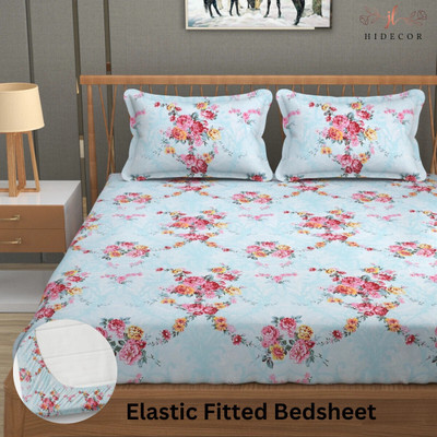 HIDECOR 280 TC Microfiber King Floral Fitted (Elastic) Bedsheet(Pack of 1, Blue)