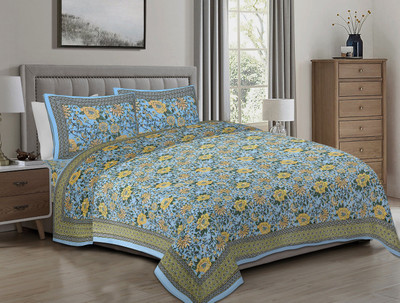 Go Texstylers Cotton King Flat 240 TC Floral Bedsheet(Pack of 1, Rama Gold)