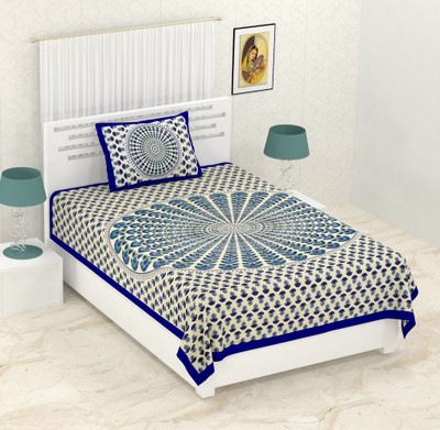 PETROSOLY 144 TC Cotton Single Jaipuri Prints Flat Bedsheet(Pack of 1, drak blue)