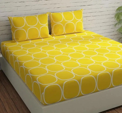 VelmiraLiving 180 TC Polycotton Double Abstract Fitted (Elastic) Bedsheet(Pack of 1, Yellow, White)