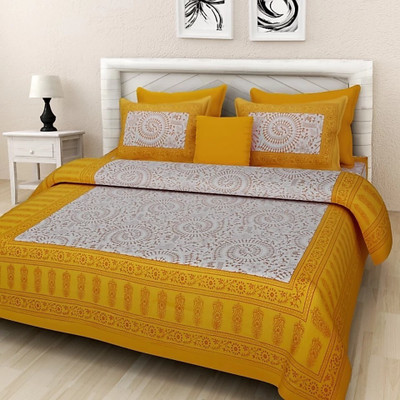 E ELMA 144 TC Cotton King Jaipuri Prints Flat Bedsheet(Pack of 1, Yellow)