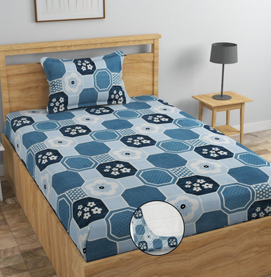 Swizier 250 TC Cotton Single Geometric Fitted (Elastic) Bedsheet(Pack of 1, Beautiful Single Fitted Bedsheet 72x36 In with 1 Pillow Cover 18x28 In Blue 103)
