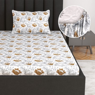Divine Casa 144 TC Cotton Single Floral Fitted (Elastic) Bedsheet(Pack of 1, Toffee Grey)