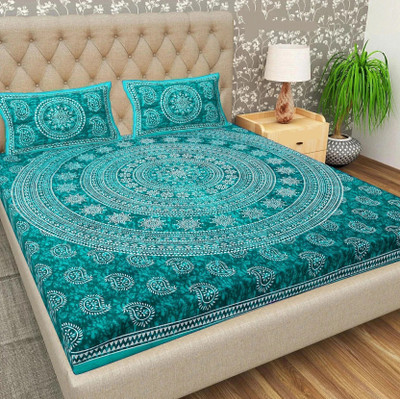 BharatLinen Cotton King Flat 144 TC Jaipuri Prints Bedsheet(Pack of 1, Sea Green)